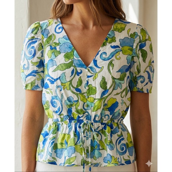 1.STATE Tops - 1.STATE Womens Floral Puff Sleeve Peplum Blouse Blue Green Cotton V-Neck Size M